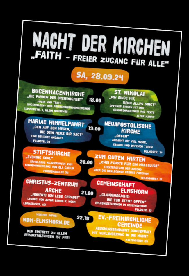 Das Plakat zur Elmshorner Nacht der Kirchen 2024 in kleinerer Auflösung.