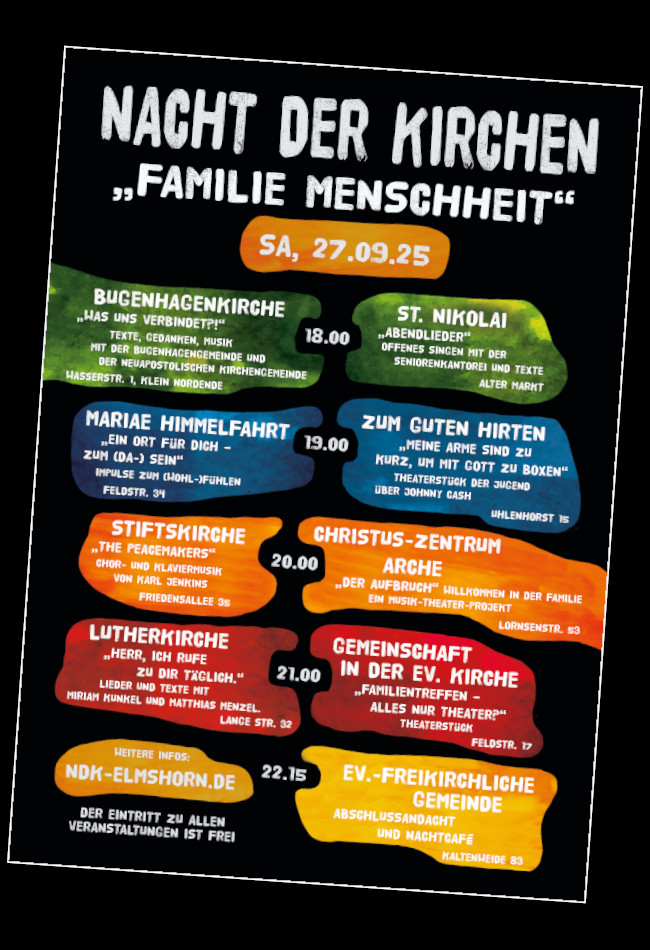 Das Plakat zur Elmshorner Nacht der Kirchen 2025 in kleinerer Auflösung.