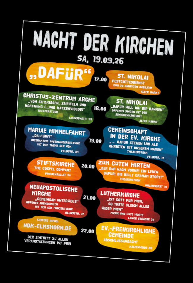 Das Plakat zur Elmshorner Nacht der Kirchen 2026 in kleinerer Auflösung.